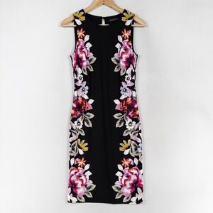 WHBM Dress XS Black Multi Floral Sheath Stretch Knit Sleeveless Business Casual